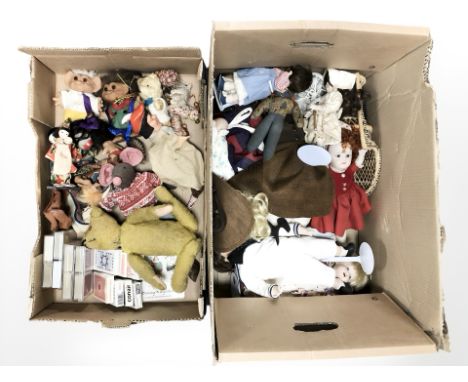 A quantity of puppets, dolls, mohair teddy bear, packs of playing cards, etc. (2 boxes)