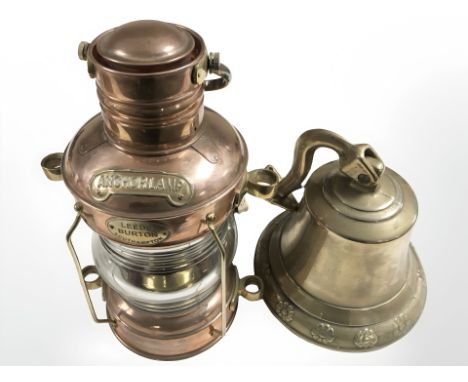 A copper and brass ships lamp (wired for electricity), signed Anchorlamp, Leeds Burton, Southampton, height 36 cm including h
