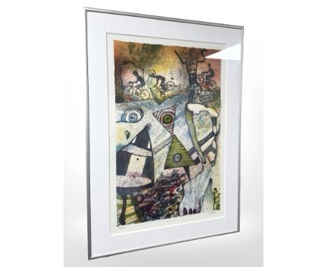 A limited edition continental print depicting cyclists, indistinctly signed, 30 cm x 46 cm.