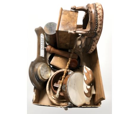 An embroidered stool, treen items, barometer, tambourine etc (1 box)