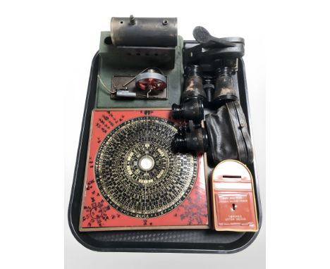 A live steam stationary engine, together with a Chinese compass, two pairs of opera glasses, a desk punch and an enameled mon