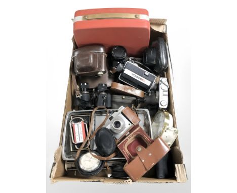 Assorted vintage cameras including Konica, Elmo Super 103T camcorder, binoculars, quartz timepieces, set of scales, etc. (1 b