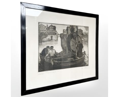 Otto Thamer : Fisherman in a boat, dry point etching, 40 cm x 31 cm, signed in pencil.