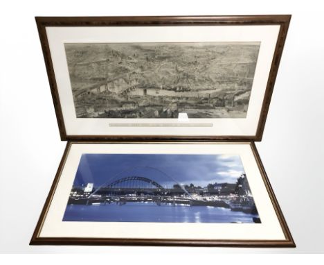 A 19th century monochrome engraving of Newcastle Upon Tyne in the reign of Queen Victoria, 39 cm x 87 cm, and a further moder