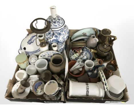 20th century ceramics including blue and white lamp base, tureen, dinner wares, kitchen storage jars, etc. (2 boxes)