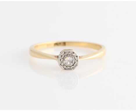 A diamond solitaire ring, set with a round brilliant cut diamond, measuring approx. 0.15ct, stamped 18ct, ring size M.