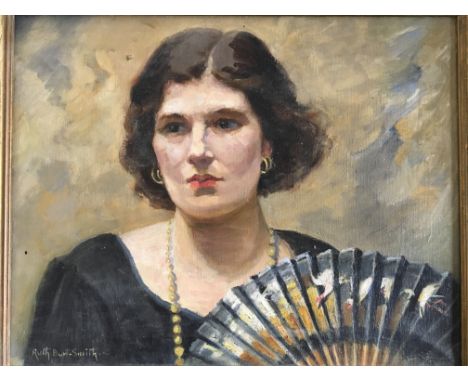 RUTH BURT-SMITH. Framed, signed oil on canvas, portrait of female with fan, 38.5cm x 49cm.