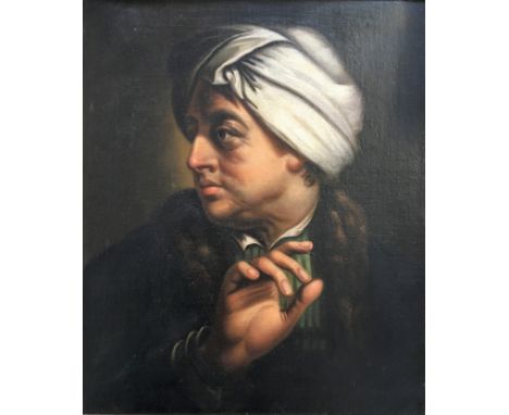 Circle of THOMAS FRYE. Framed, unglazed oil on canvas portrait of man with turban, 41cm x 49cm.