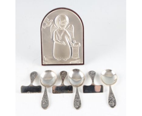 A set of three silver spoons and pushers, each featuring nursery rhyme design, mostly hallmarked Chester 1956, one dated 1948