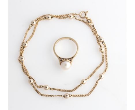 A sphere design chain, stamped 375, and a hallmarked 9ct yellow gold pearl ring, ring size I½, (2).