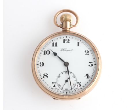 A 9ct yellow gold cased Record open face crown wind pocket watch, the white enamel dial having hourly Arabic numeral markers 