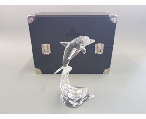 A large boxed Swarovski silver crystal figure of leaping Dolphin.