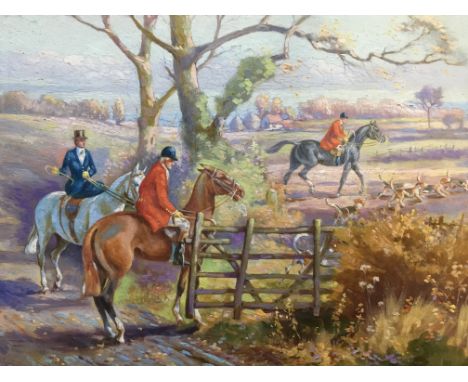 G. HAMMOND. Framed, glazed and unsigned oil on board, hunting scene titled ‘Setting Out’, 15cm x 19.5cm.