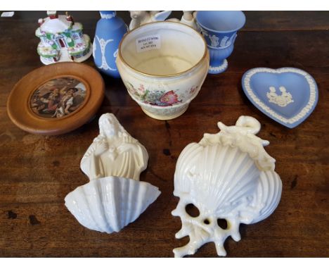 Royal Worcester floral decorated vase, two Belleek wall fronts, three Wedgwood items, Coalport Cottage, Lladro angel figure a