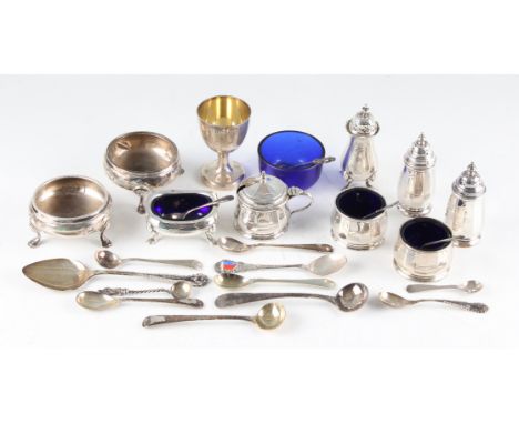 A collection of hallmarked silverware, to include a matched pair of Georgian salts, hallmark rubbed, various cruet sets, a sm