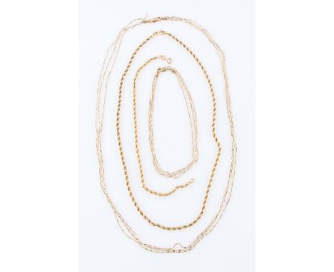 A hallmarked 9ct yellow gold rope twist chain and bracelet, together with a three strand design chain and bracelet, stamped 9