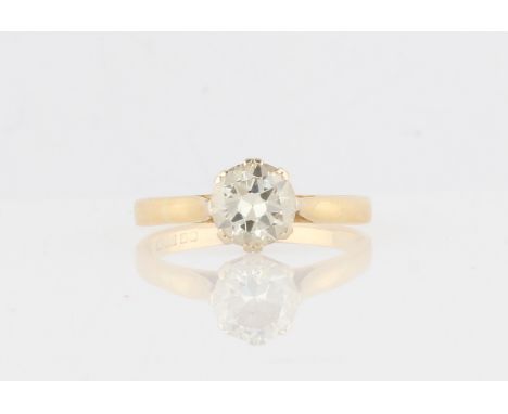 An 18ct yellow gold diamond solitaire ring, set with a round brilliant cut diamond measuring approx. 0.95ct, hallmarked Birmi