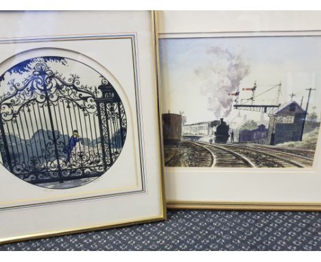 Steam train water colour, Southern Railway Alan Thwaite, and Ettore Tito lovers by a park gate, signed in pencil no. 306/500 