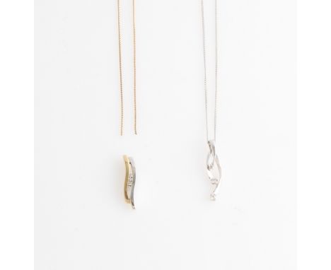 Two diamond set pendants, one hallmarked 9ct white gold on a curb link chain, the other hallmarked 9ct two-tone gold, with bo