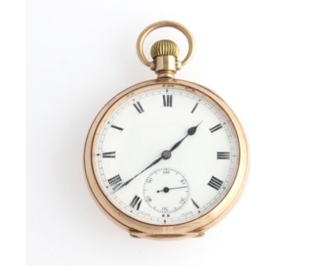 A 9ct yellow gold cased, open face crown wind pocket watch, the white enamel dial having hourly Roman numeral markers with mi