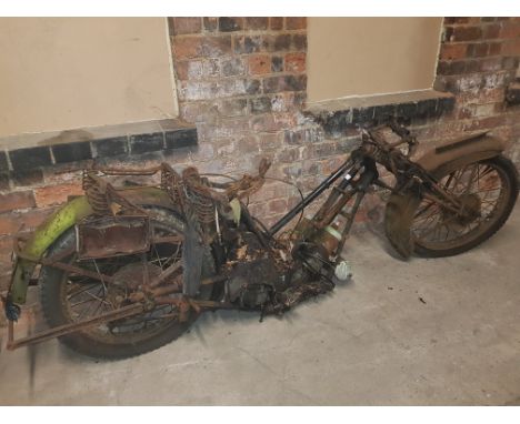 A Vintage Scott Motorcycle, with sidecar frame and motor cycle accessories.