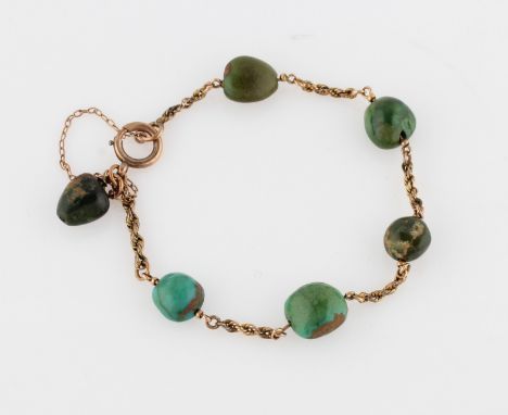 A turquoise bracelet, the rope twist chain set with six tumbled pieces of turquoise, unmarked yellow metal.