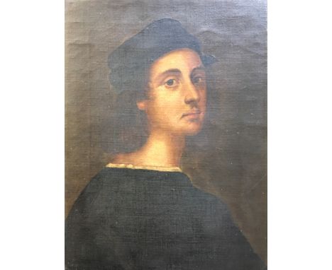 Framed, unsigned lithograph, Gothic tower-part, Leipzig, 26cm x 19cm, with unframed, unsigned oil on canvas, portrait of male