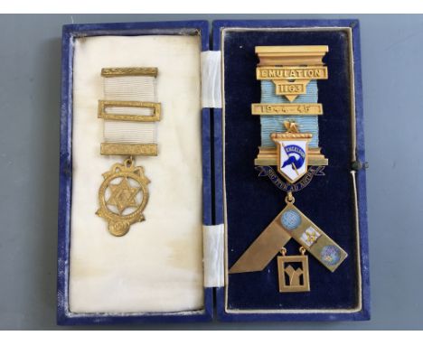 Two Masonic medals, one 15ct yellow gold with enamel, hallmarked Birmingham (date letter rubbed), reads 'Emulation 1163 1944-