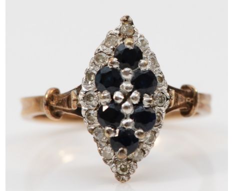 A 9ct gold vintage sapphire and diamond marquise shape dress ring, N 1/2, 3.3g 