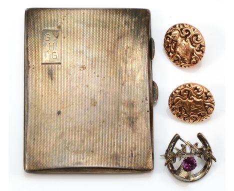A Victorian pair of unmarked 9ct gold button cufflinks, 6.7gm, a silver horseshoe brooch and a silver cigarette case, 75gm 