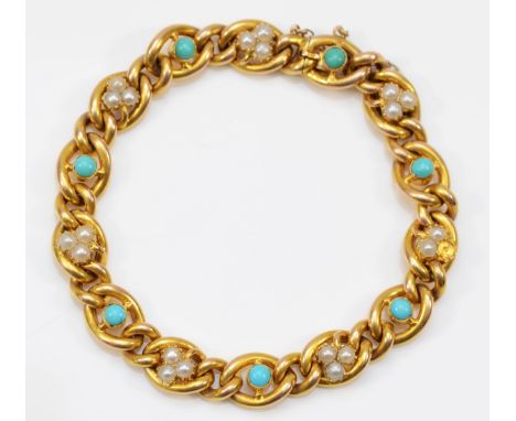 A 15ct gold Victorian turquoise and seed pearl curb link bracelet, 16.3g 