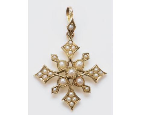 A Victorian 9ct gold seed pearl pendant, 30mm drop, 2g 