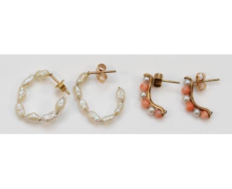 Two pairs of 9ct gold cultured pearl and coral earrings, 3.1g 
