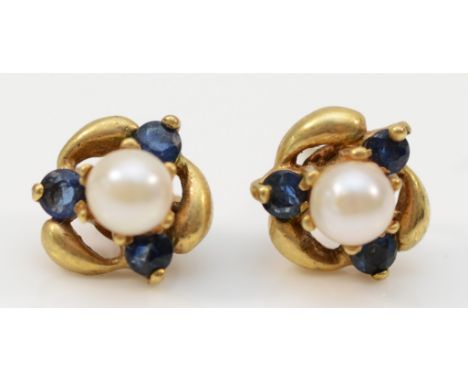 A 9ct gold pair of sapphire and cultured pearl ear studs, 1.1gm 