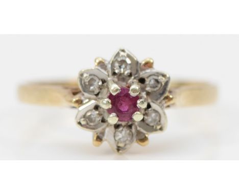 A 9ct gold vintage ruby and diamond cluster ring, K 1/2, 1.5g 