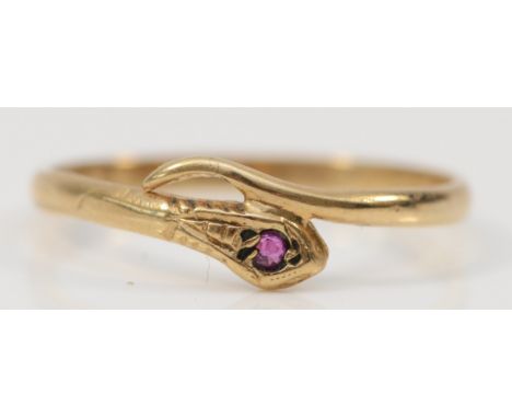 A vintage 9ct gold ruby set snake ring, S, 1.4gm 