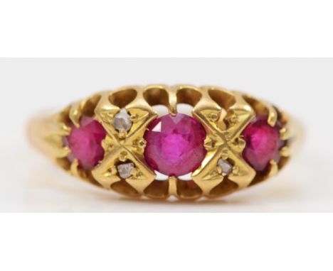 An antique 18ct gold red stone and rose cut diamond ring, Birmingham 1912, one setting vacant, R, 3.7gm 