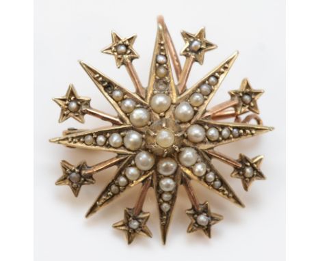 A Victorian/Edwardian 9ct gold and half pearl star brooch, Chester probably 1901, two settings vacant, 26mm, 4gm 