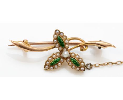 A Victorian unmarked 15ct gold green enamel, natural pearl and half pearl floral spray brooch, 36mm, 3.3gm 