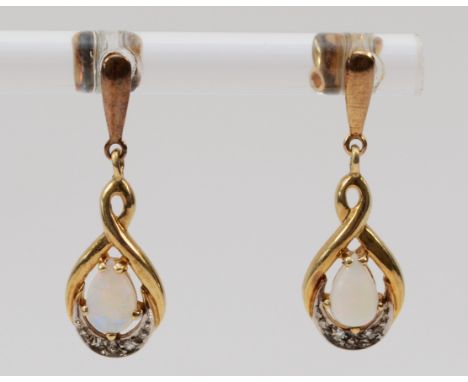 A pair of 9ct gold opal and diamond drop earrings with scroll backs, 23mm drop, 1.7g 