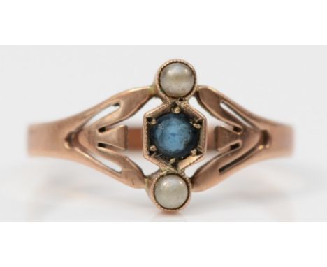 A German Art Deco 333 standard rose gold, blue paste, and faux pearl ring, P, 1.6gm 