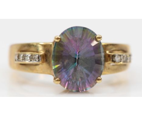 A 9ct gold mystic topaz ring with diamond shoulders, Q, 4.6g 