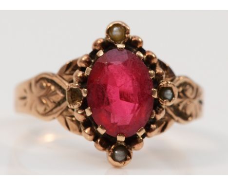 A Victorian Australian 9ct gold, synthetic ruby and pearl ring, anchor and K marks, probably for Duggin, Shappere &amp; Co., 