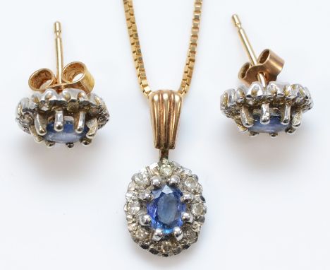 A 9ct gold sapphire and diamond cluster pendant and ear stud set, chain, 4.8gm 