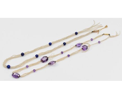 An Edwardian amethyst and seed pearl necklace, 38cm, and a similar lapis lazuli and seed pearl necklace, 39cm, both need rest
