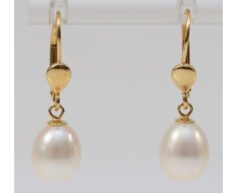 A pair of 14K and 9mm cultured pearl drop ear pendants, 2.7gm In good condition - showing no issues.