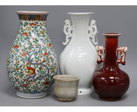 Three Oriental vases with lamp fittings and a Japanese cup tallest 30cm