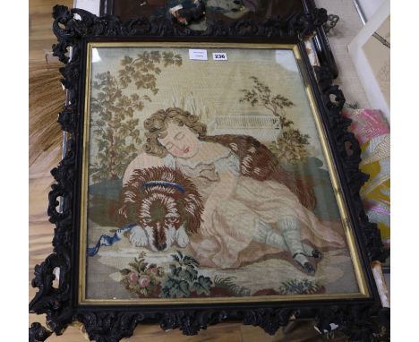 A late 19th century tapestry panel, sleeping girl with a dog 56.5 x 46cm