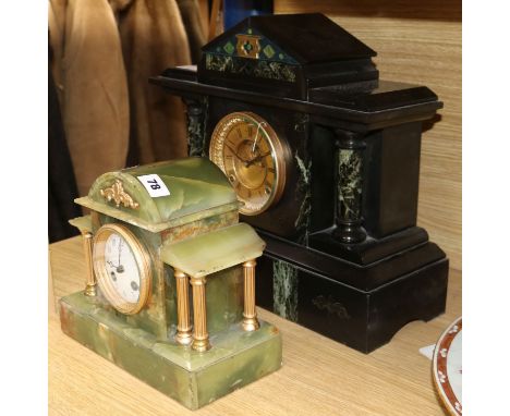 A Victorian black slate mantel clock and an onyx clock
