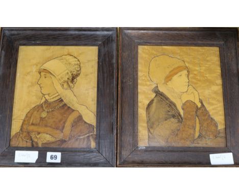 A pair of mahogany inlaid portrait panels, signed James F.P. Camm 1936